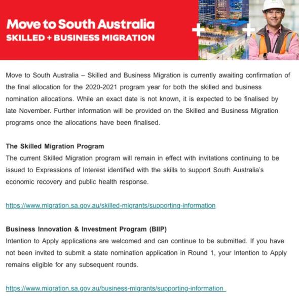 اعلام ظرفیت مهاجرتی برای ویزای اسکیل ورکر و بیزنیس در ایالت استرالیای جنوبی تا اواخر ماه نوامبر